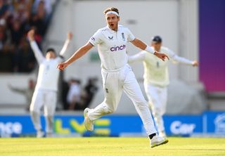 Stuart Broad of England celebrates taking the wicket of Alex Carey of Australia and victory during Day Five of the LV= Insurance Ashes 5th Test Match. between England and Australia at The Kia Oval.
