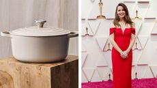 White Le Creuset round Dutch oven next to a picture of Jennifer Garner in a red dress