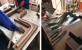 Two side-by-side photos showing pieces in wood (left) and metal (right) being made in the Mabeo workshop for the Fendi Mabeo collaboration