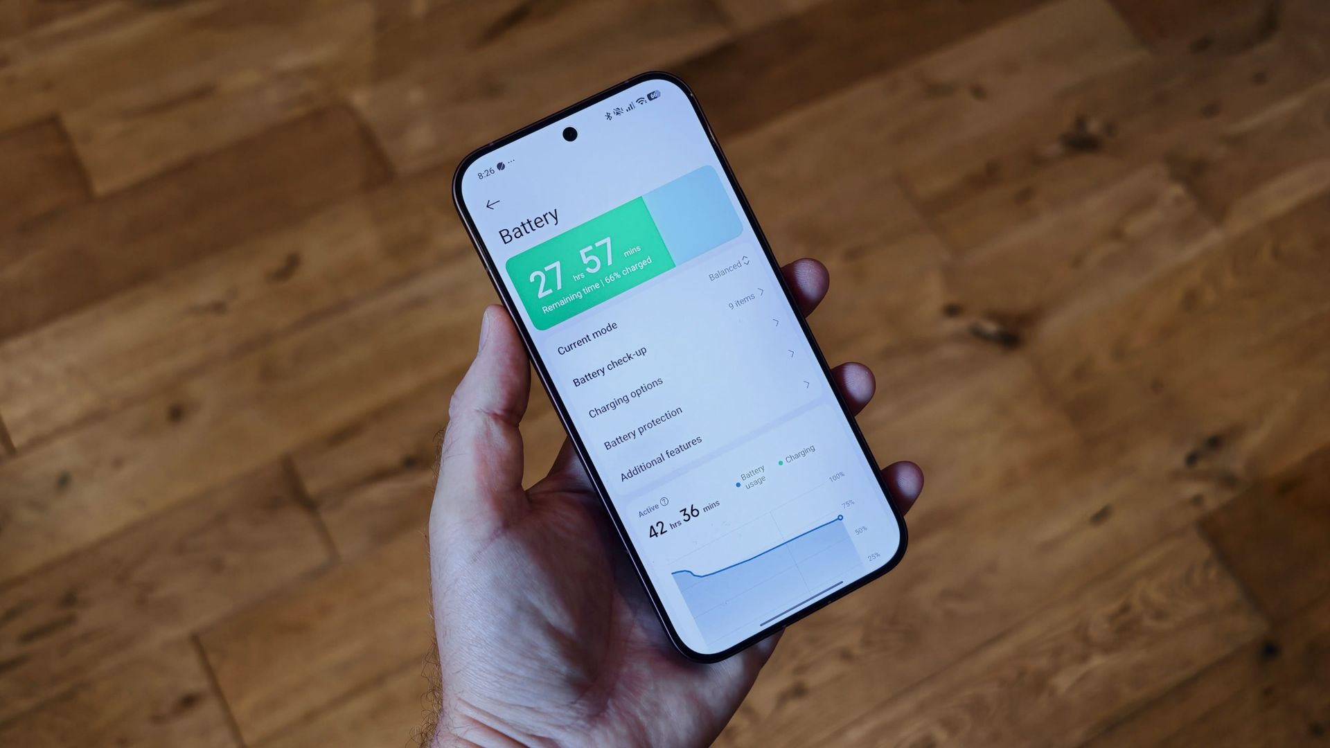 The Poco F9 Ultra being held in the hand and resting on a table