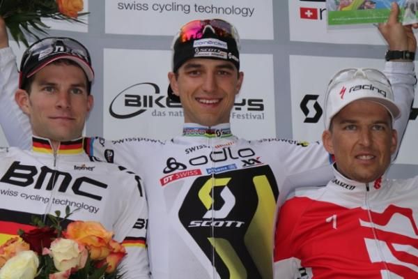 The elite men's podium: Moritz Milatz, Nino Schurter, Christoph Sauser