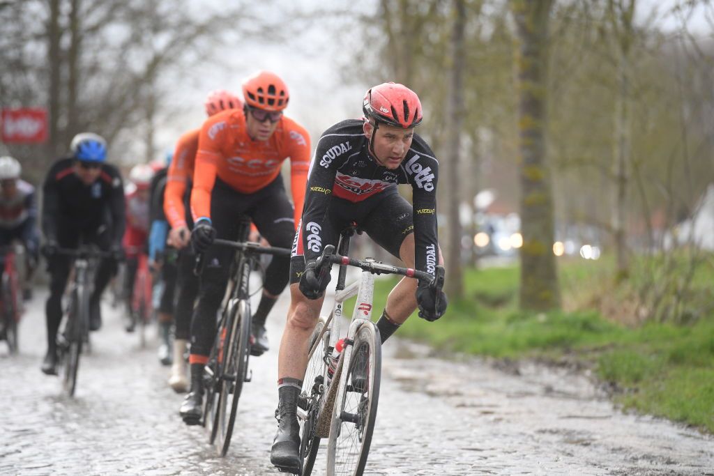 Riders in action during the mens elite race of the 75th edition of the oneday cycling race Omloop Het Nieuwsblad 200km from Merelbeke to Ninove Saturday 29 February 2020BELGA PHOTO DAVID STOCKMAN Photo by DAVID STOCKMANBELGA MAGAFP via Getty Images