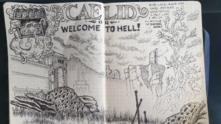 Ink fan art drawings of Elden Ring on journal pages