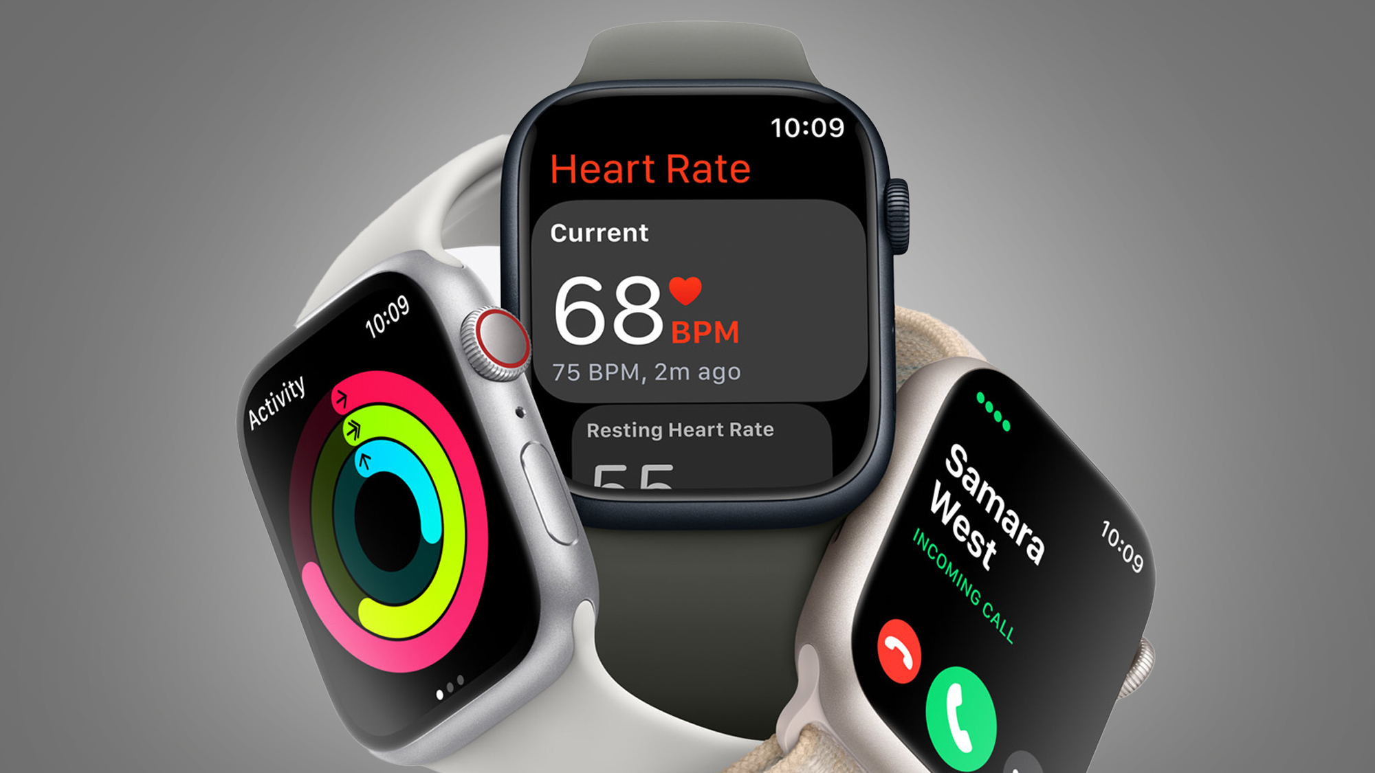Kolme Apple Watch 8 -älykelloa harmaalla taustalla
