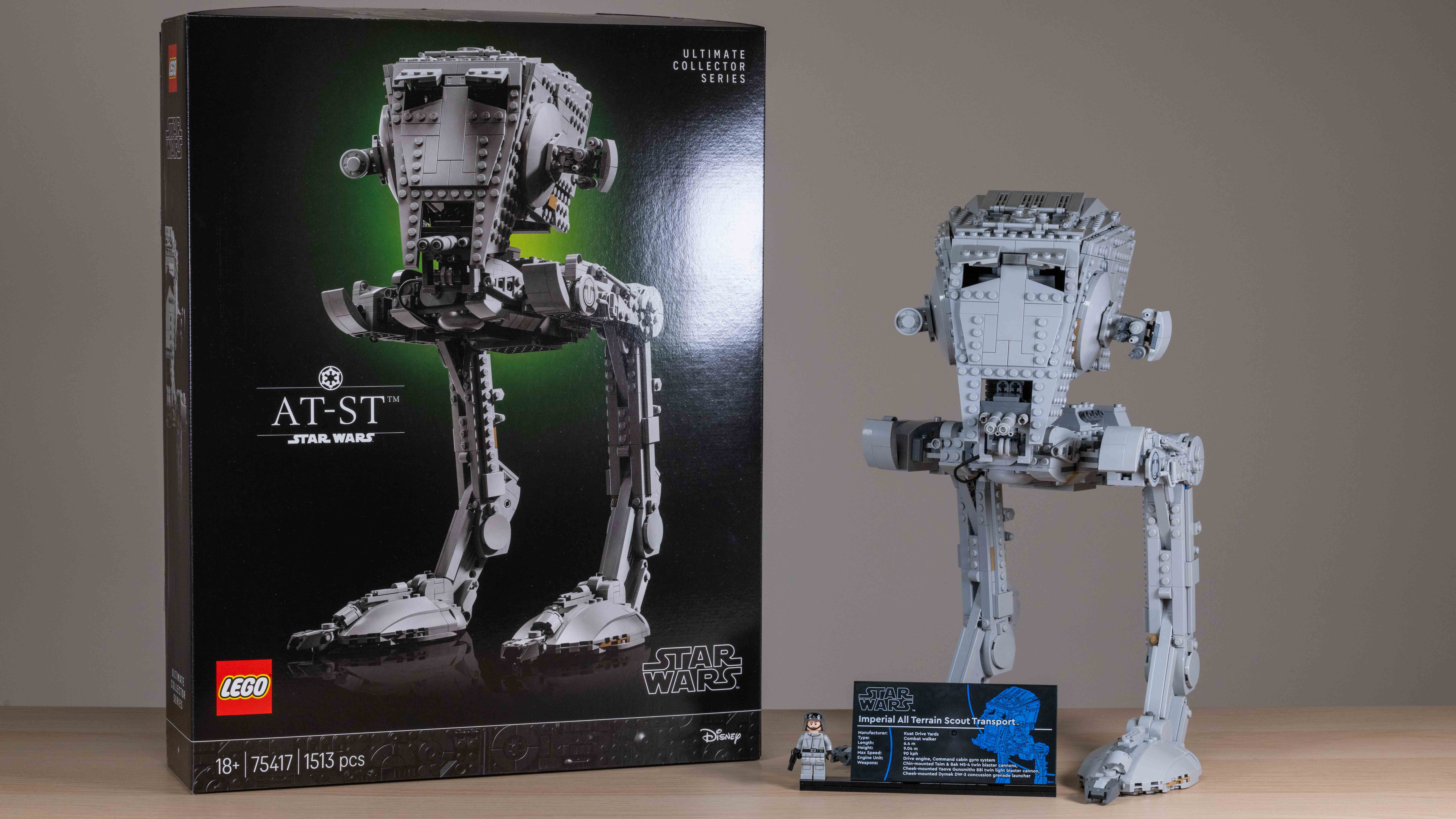 Lego Star Wars AT-ST Walker (75417) on a neutral background next to box