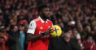 Arsenal star Thomas Partey during the Premier League match between Arsenal FC and Manchester United at Emirates Stadium on January 22, 2023 in London, England.