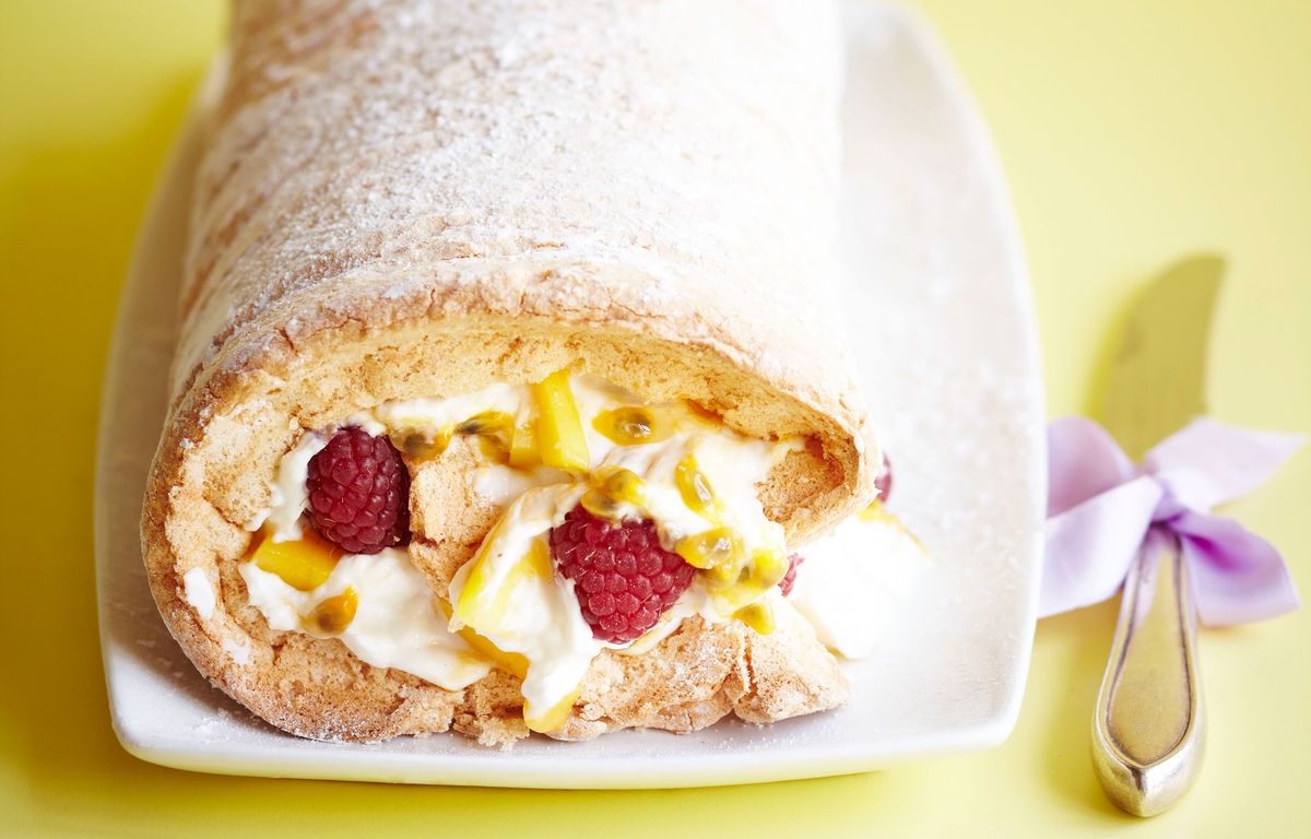 Peach melba roulade | British Recipes | GoodtoKnow