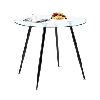 Wayfair Clear Glass Round Dining Table against a white background.