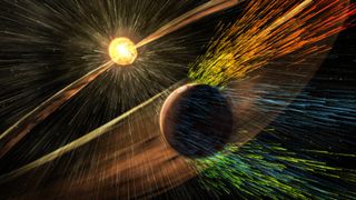 An illusration of solar wind from the sun hitting Mars