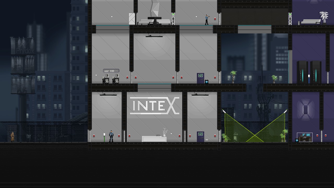 A Man In A Trenchcoat And Hat Stands Outside A Well-Guarded Intex Building