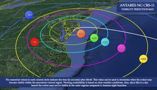 This visibility map highlights the regions where it will be easiest to see the NG-11 launch from Wallops Island in Virginia starting at 4:46 p.m. EDT (0846 GMT).
