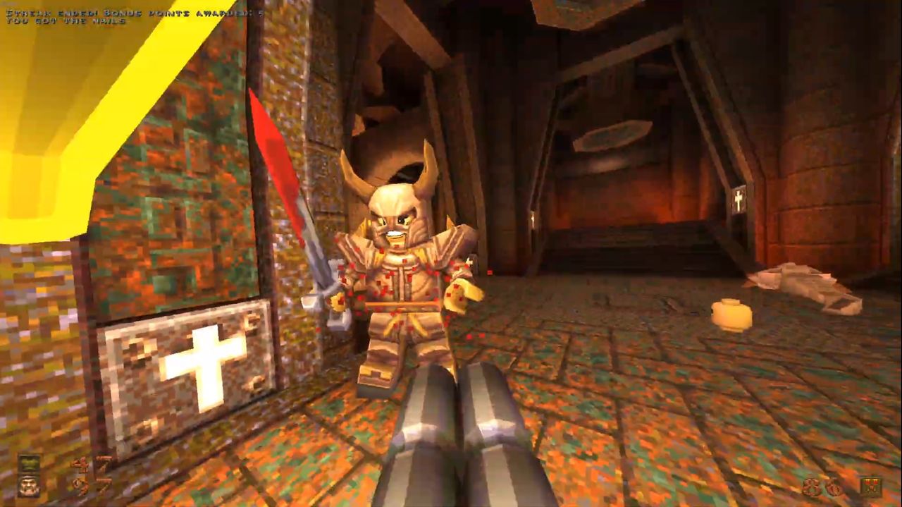 facing down a lego knight with a lego shotgun