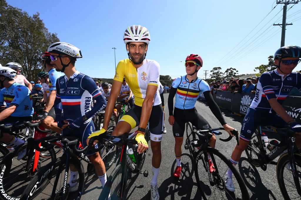 HELENSBURGH AUSTRALIA SEPTEMBER 25 LR Julian Alaphilippe of France Rien Schuurhuis of Vatican Remco Evenepoel of Belgium and Romain Bardet of France prior to the 95th UCI Road World Championships 2022 Men Elite Road Race a 2669km race from Helensburgh to Wollongong Wollongong2022 on September 25 2022 in Helensburgh Australia Photo by Tim de WaeleGetty Images