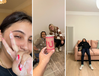 Three images, one of a person covered in paint, one of two friends on a break from renovating and one of a person sat on a pink sofa, smiling