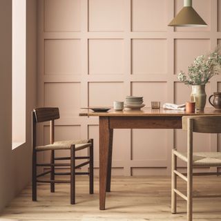 how to panel a wall, pink dining room with panelled wall, hardwood floor, mis matched table and chairs, earthenware, pendant light