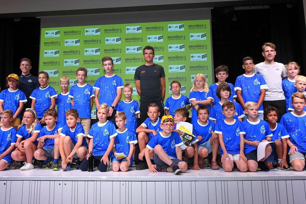 Remco Evenepoel, Greg Van Avermaet and Maxime Monfort at the Children's Press Conference in Brussels