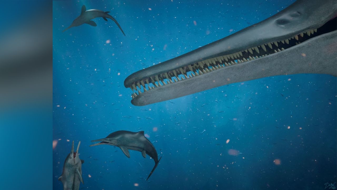 This life reconstruction of Kyhytysuka sachicarum from the early Cretaceous of Colombia shows the swordfish-like reptile.