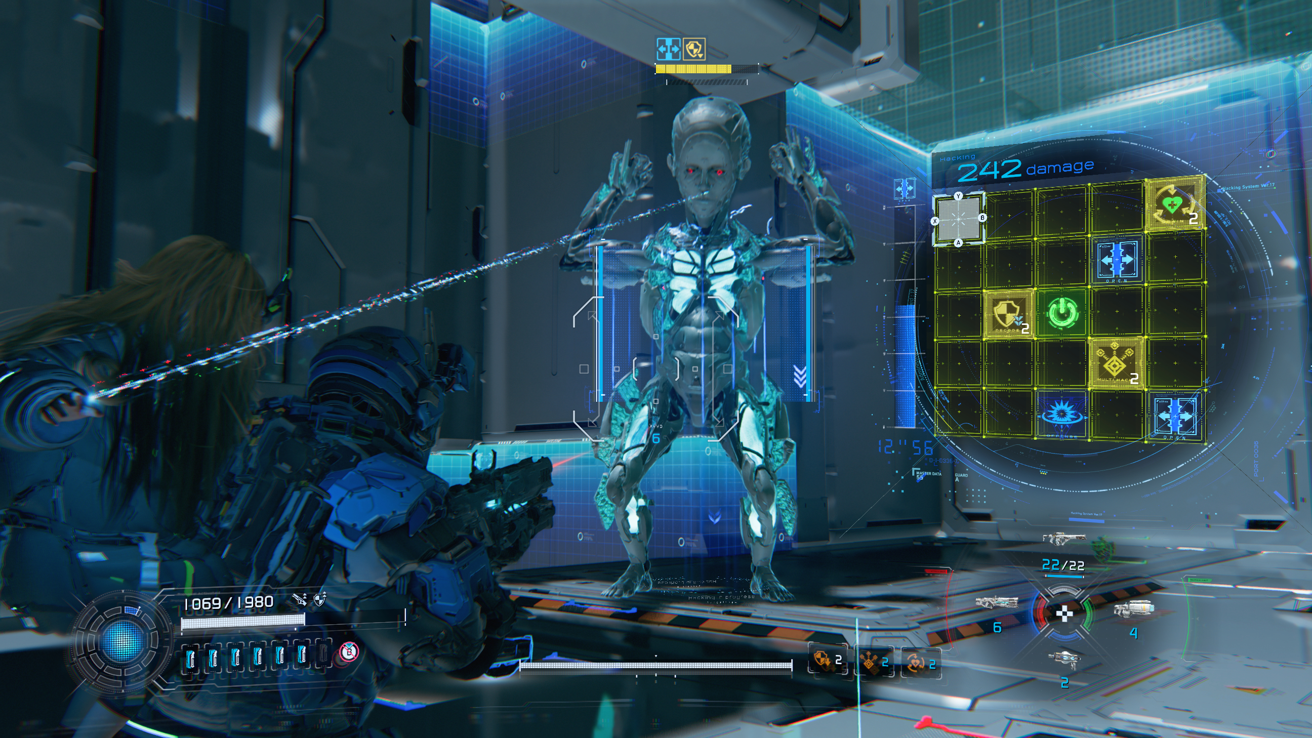 Pragmata guide: Hugh looking at a large, humanoid robot while aiming at and hacking it.