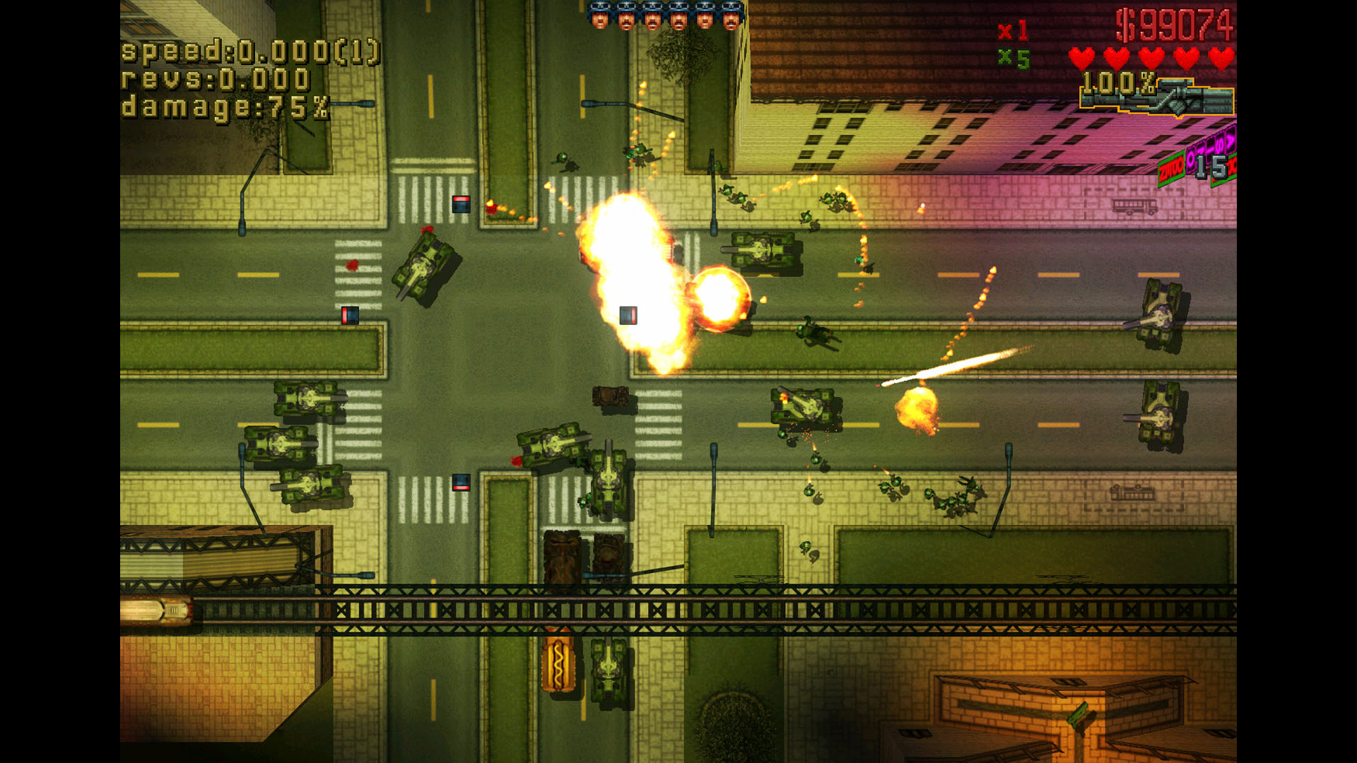 The player fights off the army on the streets of Grand Theft Auto 2