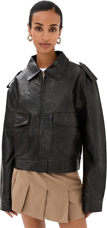 Lioness Women's Eighties Bomber Leather Jacket, Washed Onyx, S