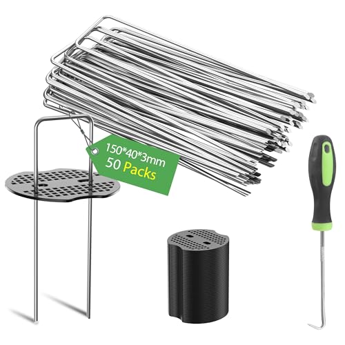 Graxury 50packs 6 Inch Heavy Duty 11 Gauge Garden Pins Stakes With 50packs Gasket - Galvanized Steel Staples Pegs for Securing Anchoring Weed Fabric Landscape,netting Tubing With 1 Pick Hook