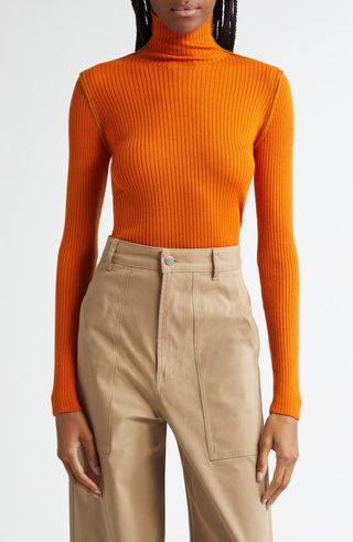 Fitted Virgin Wool Rib Turtleneck Sweater