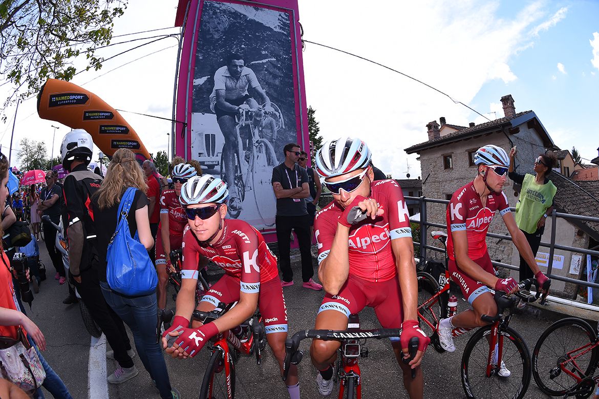 Katusha-Alpecin at the start line on stage 14 of the Giro d'Italia
