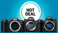 Three popular cameras: Canon EOS R8, Sony A7 III, and Nikon Z6 II, displayed with a "Hot Deal" text overlay