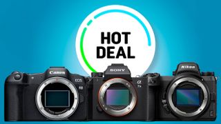 Three popular cameras: Canon EOS R8, Sony A7 III, and Nikon Z6 II, displayed with a "Hot Deal" text overlay