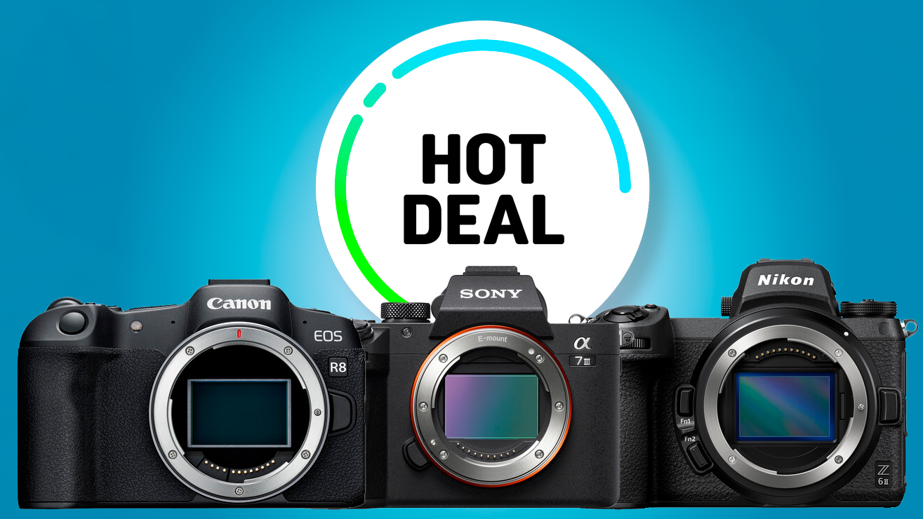 Three popular cameras: Canon EOS R8, Sony A7 III, and Nikon Z6 II, displayed with a "Hot Deal" text overlay