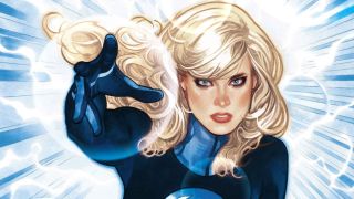 A screenshot of Sue Storm using her force field powers in a Fantastic Four Marvel comic book panel