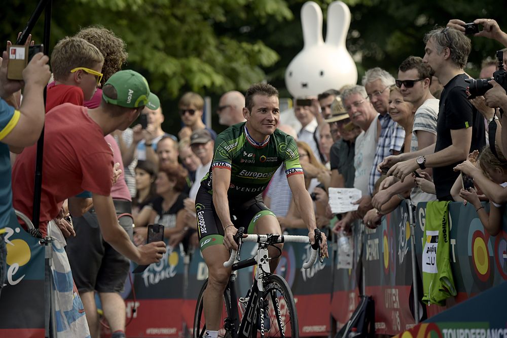 Thomas Voeckler (Europcar) arrives to the Tour de France team presentation