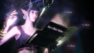 A Tiefling looks at a spellbook surrounded by writing describing Toarie's cosmetic mod