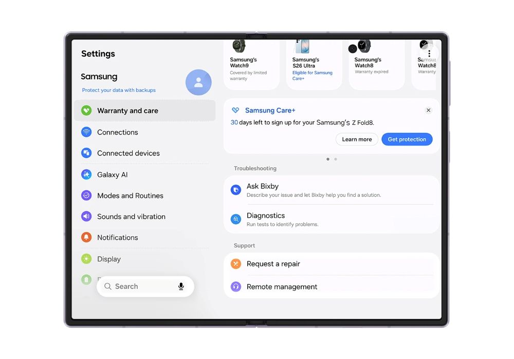 Samsung's new warranty and care menu in Settings