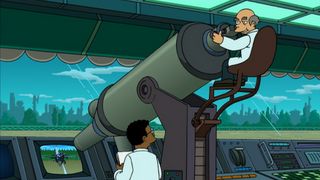 Scientists checking the results of a horse race using an electron microscope in Futurama episode "The Luck of the Fryish".