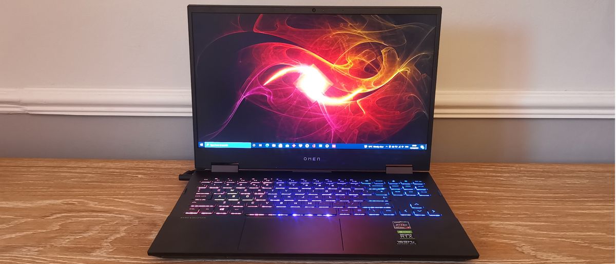 The HP Omen 15 showing its colorful desktop background