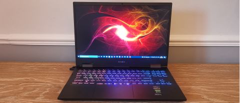 The HP Omen 15 showing its colorful desktop background