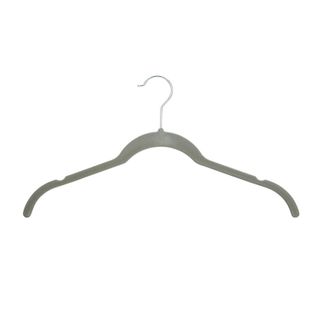 A gray velvet hanger with a silver hook