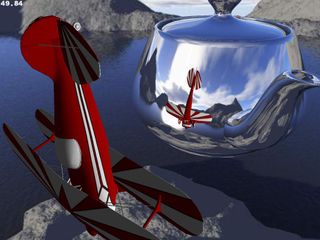 Dynamic cube maps can simulate near reflections, like that of the airplane, but not interreflections, like that of the spout on the body of the teapot