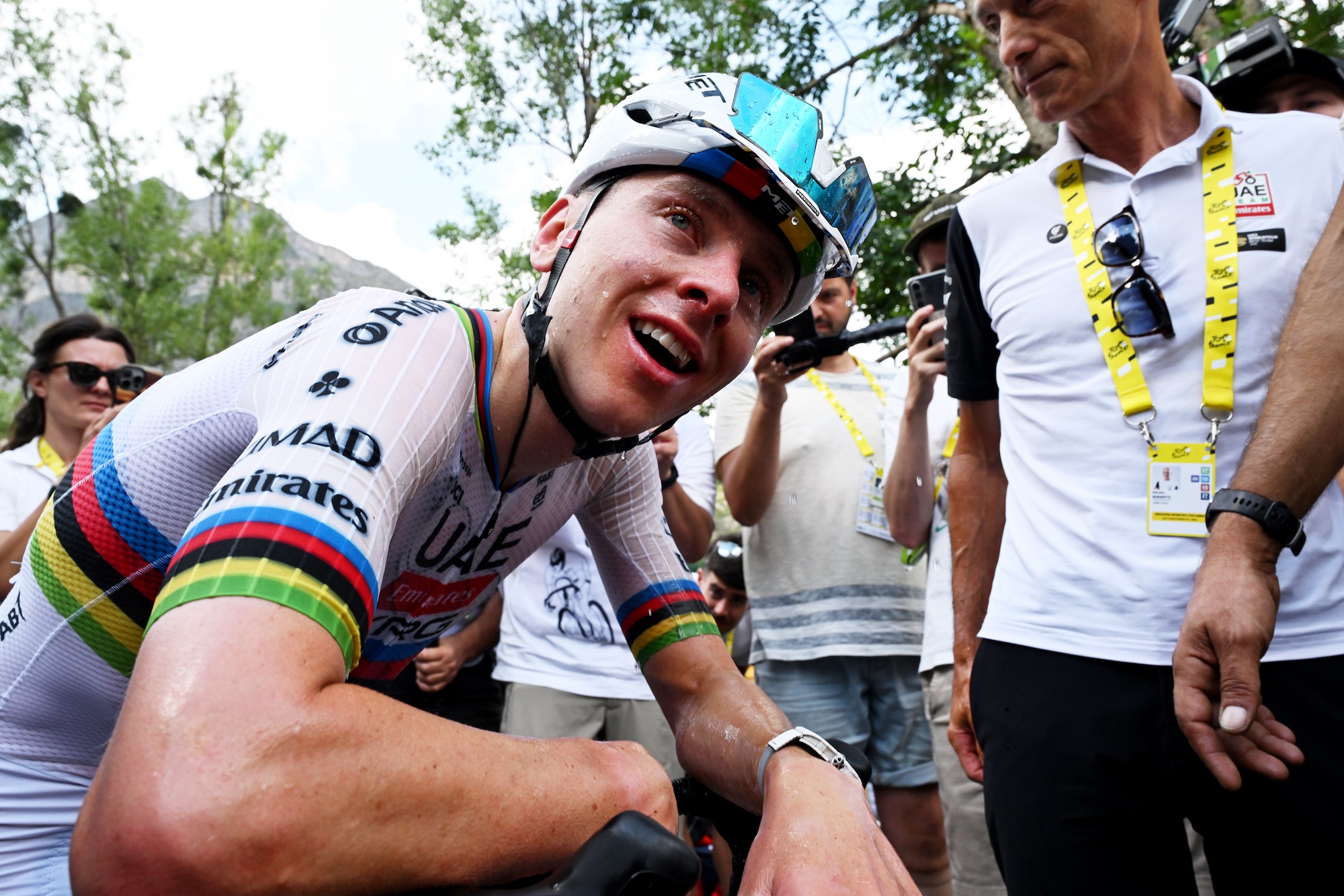 Stage winner Tadej Pogacar of UAE Team Emirates - XRG spent but smiling after the stage of the 113th Tour de France 2026 from Pau to Gavarnie-Gedre (Photo by Dario Belingheri/Getty Images)