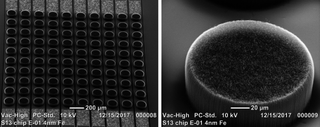 Taken with an electron microscope, these images show the grid of carbon nanotube dots. On the right, you can see an up-close view of one of these dots.
