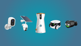 A blue and teal gradient background with cut-out images of five of the best pet cameras featured in this guide