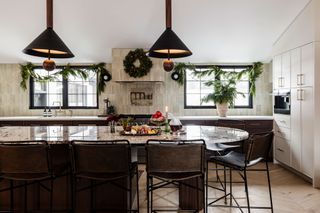 a modern kitchen with festive decorations