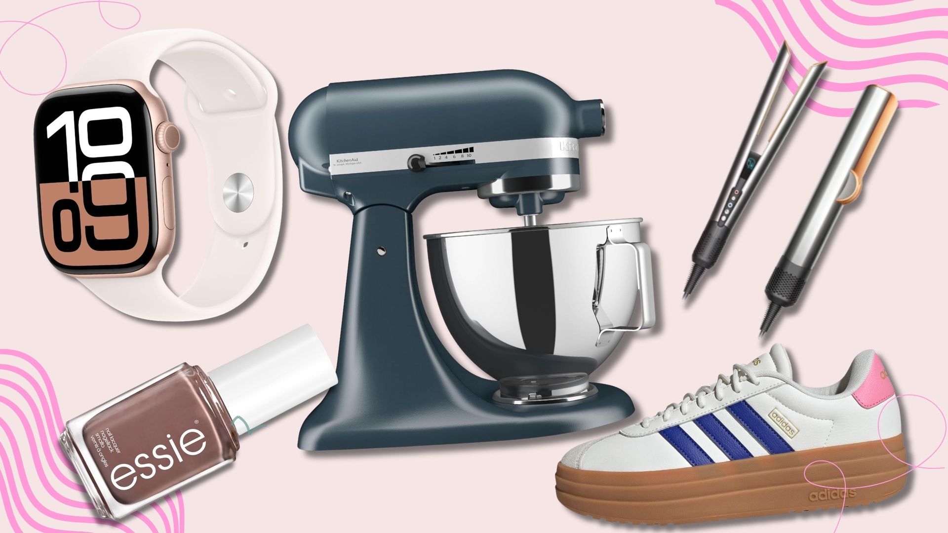 An Apple watch, a bottle of Essie nail polish, a KitchenAid stand mixer, an Adidas trainer and a pair of hair straighteners assembled on a pale pink background.