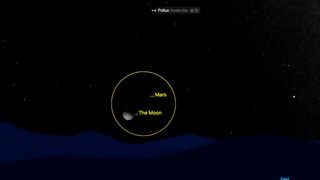 A night sky featuring the moon and Mars labeled within a yellow circle. The moon appears illuminated, positioned below Mars. The star Pollux is also labeled above the moon. The foreground shows dark, rolling hills, with the view oriented toward the east.