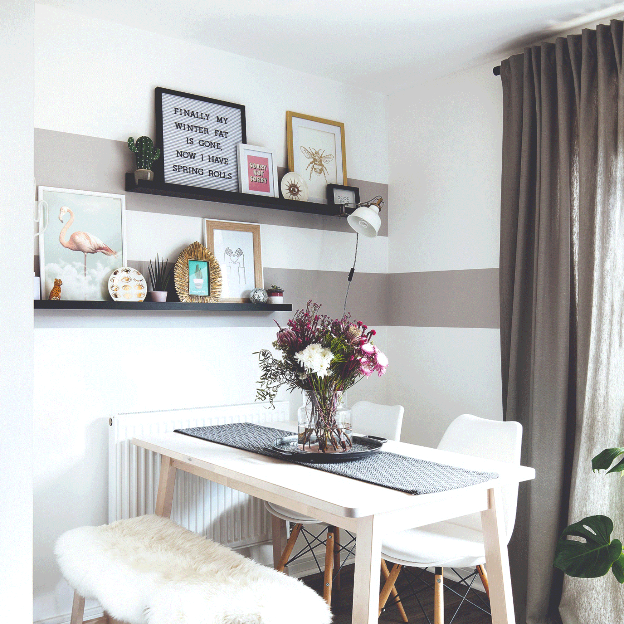 Grey dining room with curtains