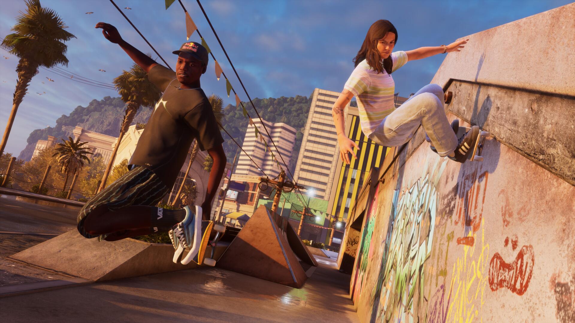 Nora Vasconellos does a wall ride while Zion Wright does a grab in Tony Hawk's Pro Skater 3 + 4 in the Rio stage