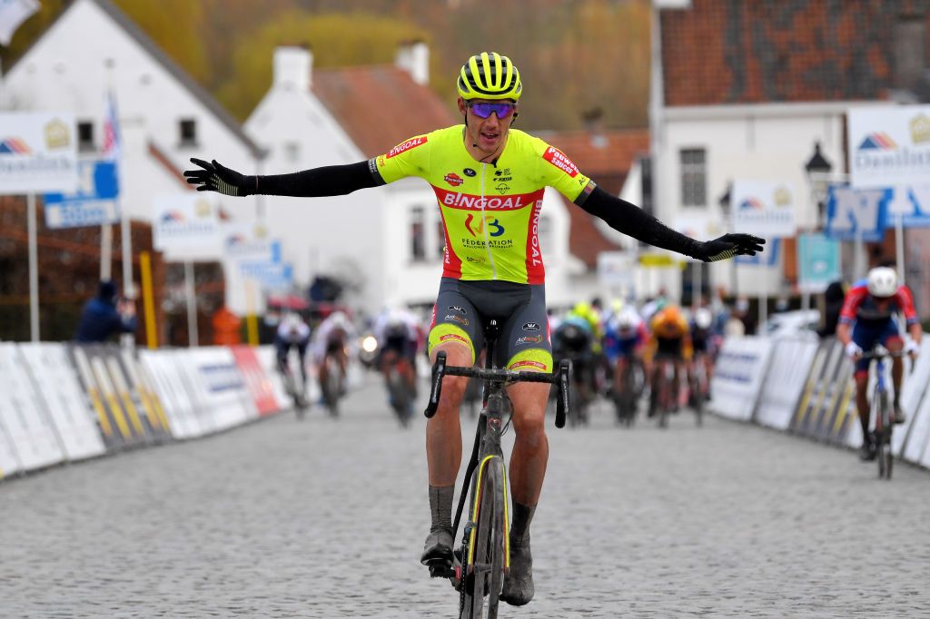 NOKERE BELGIUM MARCH 17 Arrival Ludovic Robeet of Belgium and Team Bingoal WB Celebration during the 75th Nokere Koerse Danilith Classic 2021 Mens Elite a 1955km race from Deinze to Nokere NokereKoerse on March 17 2021 in Nokere Belgium Photo by Luc ClaessenGetty Images