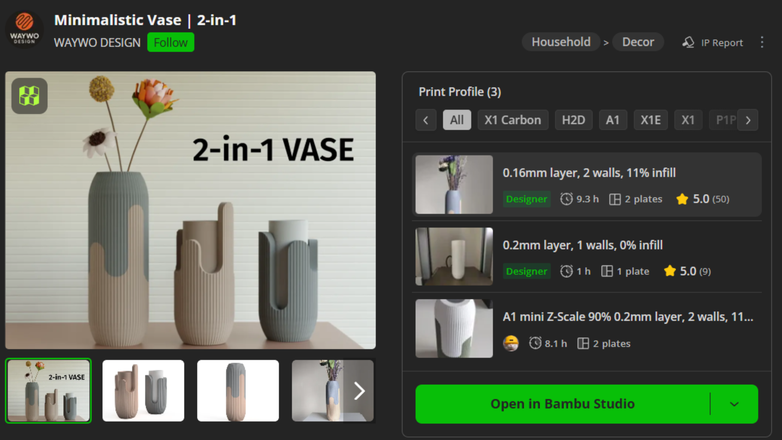 A screenshot of the Bambu Lab A2L model for minimalistic vases