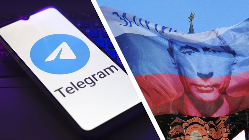 On the left, the Telegram logo appears on the screen of a smartphone that rests on top of a laptop keyboard. On the right, A Russian flag featuring Prime Minister Vladimir Putin to celebrate Putin's victory at the central Manezhnaya Square just outside the Kremlin in Moscow, March 5, 2012.